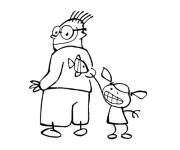 Coloriage Fille dessine un poisson sur le dos de son p&egrave;re le 1 er Avril