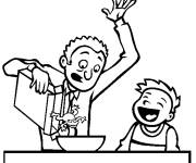 Coloriage et dessins gratuit Papa et son fils amus&eacute;s le poisson d'Avril à imprimer