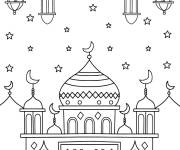 Coloriage Affiche du Ramadan avec une mosqu&eacute;e au fond
