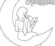 Coloriage Femme lisant du quoran sur le croissant