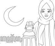 Coloriage Femme musulmane avec une lampe au Ramadan