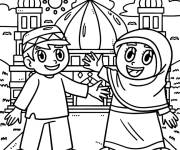 Coloriage Fille et garcon heureux au d&eacute;part de Ramadan