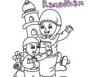Coloriage Maman avec son fils heureux pur Ramadan