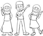 Coloriage Trois enfants heureux de l'entr&eacute;e du Ramadan