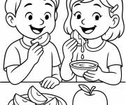 Coloriage Enfant se profitent du miel et de pommes