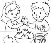 Coloriage Enfants partagent les pommes pendant le Rosh Hashanah