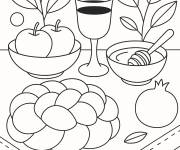Coloriage Feter Rosh Hashanah avec Challah et Vin