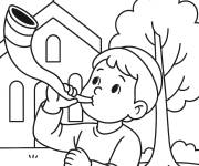 Coloriage Gar&ccedil;on en train de souffler du Shofar &agrave; Rosh Hashanah
