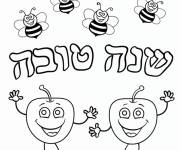 Coloriage Pommes et abeilles  style cartoon pour Roch Hachana