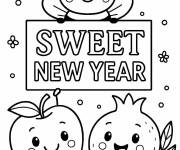 Coloriage Rosh Hashanah Celebration avec des pommes kawaii