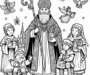 Coloriage Image d&eacute;taill&eacute; de Saint Nicolas avec des enfants avec leurs cadea