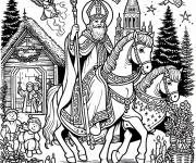 Coloriage Saint Nicolas &agrave; cheval dans le village en hiver