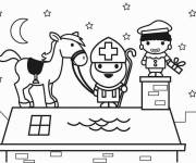 Coloriage Saint Nicolas &acirc;ne et petit enfant sur le toit de la maison