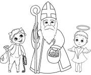 Coloriage Saint Nicolas avec le d&eacute;mon et l'ange en enfants