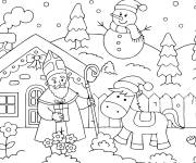 Coloriage Saint Nicolas avec son &acirc;ne et le bonhomme de neige