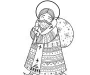 Coloriage Saint Nicolas avec un sac d&eacute;cor&eacute; en flocons de neige