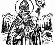 Coloriage Saint Nicolas dans un paysage montagneux