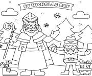 Coloriage Saint Nicolas et Black Pete qui sourient sous la neige