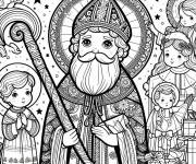 Coloriage Saint Nicolas et enfants d&eacute;coration &agrave; vitrail