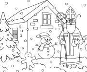 Coloriage Saint Nicolas et le bonhomme de neige pour la fete