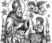 Coloriage Saint Nicolas et les anges en pr&eacute;paration