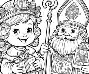 Coloriage Saint Nicolas et petite fille mignonne de dessin anim&eacute;