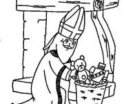 Coloriage Saint Nicolas met les cadeaux dans la chemin&eacute;
