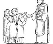 Coloriage Saint Nicolas offre du pain aux enfants