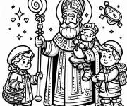 Coloriage Saint Nicolas vectoriel avec des enfants