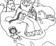 Coloriage Saint Nikolas sur un nuage en pr&eacute;parant des cadeaux