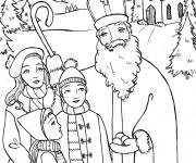 Coloriage St Nicolas et des enfants devant le temple
