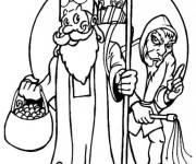 Coloriage St Nikolas livre des cadeaux et Krampus punit les vilains enfants