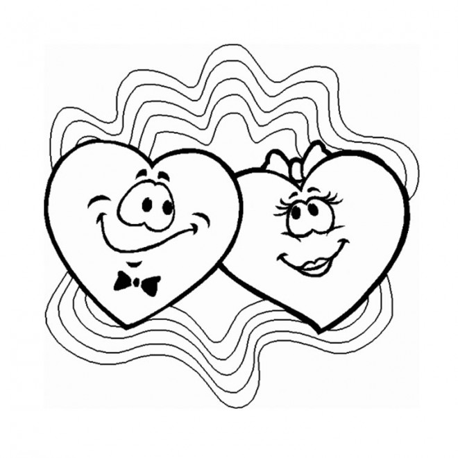 Coloriage Deux Coeurs d'amour souriant dessin gratuit à imprimer