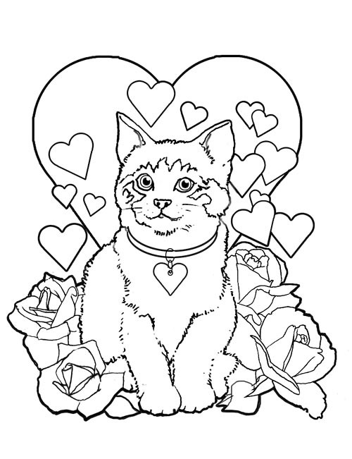 Coloriage Le Chat en carte de StValentin dessin gratuit à imprimer