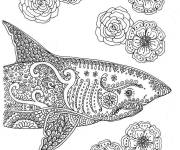 Coloriage Requin et fleurs adulte