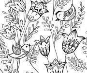 Coloriage Adulte Fleurs Lotus et Oiseaux