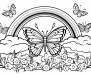 Coloriage Papillon adulte et arc en ciel