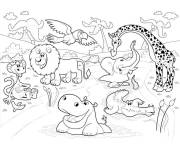 Coloriage Les animaux de la jungle s'amusent dans la rivi&egrave;re