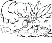 Coloriage Petit &eacute;l&eacute;phant se baigne dans la rivi&egrave;re