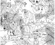 Coloriage Tous les animaux de la jungle sont dans ce paysage