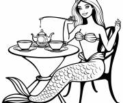 Coloriage Barbie sir&egrave;ne en train de boire du th&eacute;