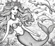 Coloriage Barbie Sir&egrave;ne portant une couronne fleur avec des dauphins
