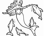 Coloriage Barbie sir&egrave;ne s'amuse avec ses amis les dauphins
