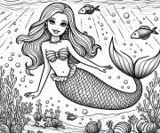 Coloriage et dessins gratuit Barbie Sir&egrave;ne sous l'eau avec les poisson dessin à imprimer