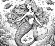 Coloriage Barbie Sir&egrave;ne sous l'eau avec les poissons r&eacute;aliste