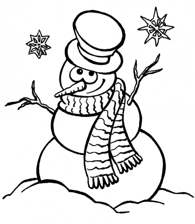 Coloriage Bonhomme de Neige sous les Flocons dessin gratuit à imprimer