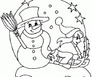 Coloriage Fille s'amuse avec le Bonhomme de Neige