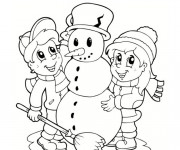 Coloriage Les enfants décorent le Bonhomme de Neige