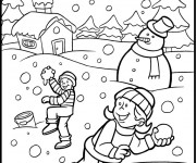 Coloriage Les Petits jouent autour de Bonhomme de Neige