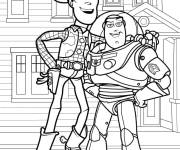 Coloriage Woody et Buzz Lightyear devant la maisons des jouets